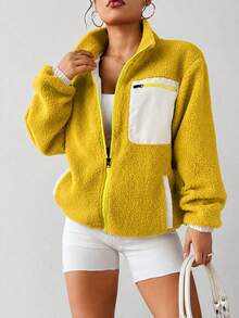 Exploreva Autumn/Winter Casual Colorblock Warm Fleece Outdoor Jacket - Yellow - View 6