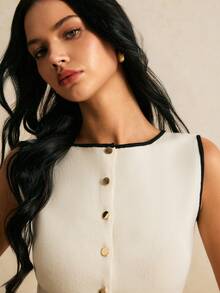 Poéselle Women's Chic Button Down Knit Vest For Women – Sleeveless Sweater Tank Top, Contrast Trim Vintage Style Pullover Summer/Fall Cute Tops White Top - Black and White - View 5
