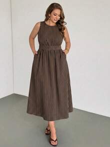 Auralis Brown Striped Plus Size Women's Round Neck Sleeveless Pocket Casual Dress - Multicolor - View 3