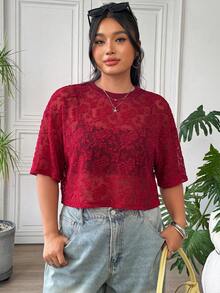 SHEIN EZwear 大尺碼女款花卉網紗圓領短袖寬鬆上衣 - 紅色 - 查看 6