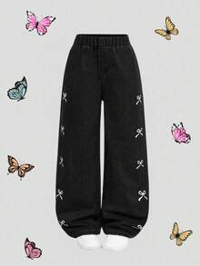 SHEIN Girlism 青少年女孩水洗蝴蝶印花直筒牛仔褲 - 黑色 - 查看 1