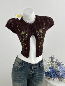Elamini 女款鏤空花卉葉片刺繡鈕扣蕾絲百搭可愛精緻度假針織薄款開襟衫 - 棕色 - 查看 4
