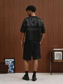 TOKVUE Men's Versatile Embossed Crew Neck Short Sleeve T-Shirt And Drawstring Waist Pocket Shorts Set - Black - View 2