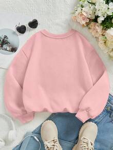 SHEIN Young Girls Casual Loose Fit Crew Neck Comfy Knit Long Sleeve Thickened Sweatshirt, Suitable For Autumn/Winter - Pink - View 2