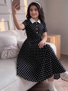 SHEIN 少女休閒復古通勤時尚 Polo 領撞色翻領短袖長洋裝 返校季童裝 - 黑與白 - 查看 1