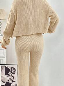 SHEIN EZwear 女款純色V領單排扣長袖上衣與長褲針織兩件套 - 杏色 - 查看 7