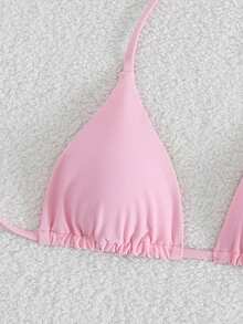 Elavelle Women's Solid Color Halter Neck Tie Front Sexy Bikini Top For Summer Beach Vacation - Baby Pink - View 5