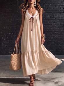 SHEIN Holidaya Goddess Statue New Spring/Summer White Long Lace Elegant Boho Vacation Commute Long Dress - Apricot - View 5