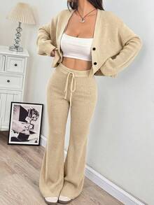 SHEIN EZwear 女款純色V領單排扣長袖上衣與長褲針織兩件套 - 杏色 - 查看 6