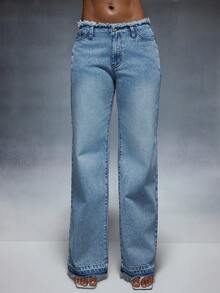Denimoi Low Rise Raw Edge Straight Leg Jeans Sexy Jeans Y2K Fashion Low Rise Jeans - Medium Wash - View 5