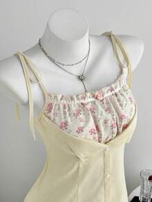 Elamini 女款夏季休閒碎花拼接前開扣細肩帶洋裝 - 淡黃色 - 查看 5
