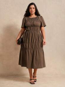 Juhart Vestido largo marrón de mujer talla grande, tejido, corte regular, estilo francés casual de verano, elegante para ir al trabajo, cuello redondo, manga corta y cintura ceñida - Marrón - Ver 5