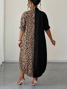 Maweii Plus Size Leopard Print Patchwork Front Button Dress - Multicolor - View 2