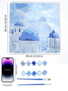 1 件套数字油画套装，适合成人初学者，地中海风景，20 宽 x 20 长或 30 宽 x 30 长帆布画，绘画油画，带 2 支画笔，丙烯颜料花卉和风景，DIY 绘画，家居墙壁装饰圣诞节，可作为节日礼物 - 彩色 - 查看 8