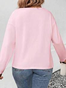 SHEIN LUNE 女款秋冬新款休閒百搭V領長袖大尺碼T恤 - 粉色 - 查看 2