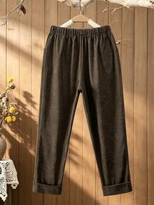 SHEIN Tall CURVE 大尺碼女款純色休閒百搭日常穿著長褲 秋季 - 棕色 - 查看 2
