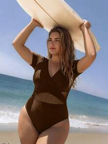 Swim SPRTY 2026 New Plus Size Solid Color Short Sleeve Criss-Cross Mesh Patchwork One-Piece Swimsuit, Fashionable Sporty Mature Vacation Minimalist Everyday One-Piece Swimsuit - Khaki - View 4