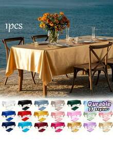 1pc Elegant Satin Rectangular Tablecloth – Smooth Polyester Table Cover For Wedding, Anniversary, Party, Holiday Decor - Multicolor - View 1