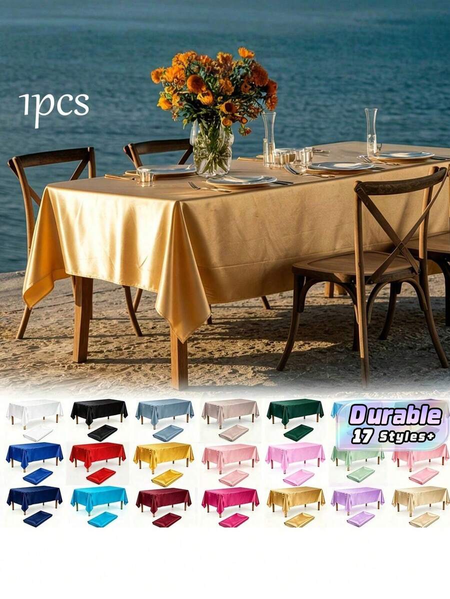 1pc Elegant Satin Rectangular Tablecloth – Smooth Polyester Table Cover For Wedding, Anniversary, Party, Holiday Decor - Multicolor - View 1