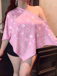 Vibekara Women's Plus Size 2026 Summer Casual Elegant Printed Asymmetric Collar Long Sleeve Asymmetric Hem Shirt Asymmetric Neck Slit Sleeve Loose Fashion Shirt Vintage Sunset Holiday Print Batwing Sleeve Top New Arrival, Versatile For Daily Commute, College, Outing, Vacation, Office, Dating - Multicolor - View 4