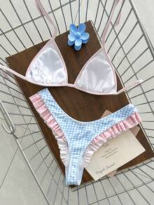 Swim Mod Conjunto de bikini multicolor para vacaciones dulces de mujer, diseño con cuello halter y volantes, adecuado para vacaciones en la playa - Multicolor - Ver 2