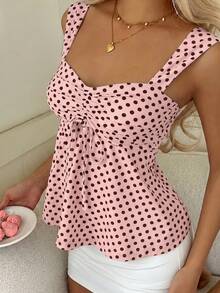 CovetEZ 2026春夏女款新品：棕色波點甜美可愛休閒百搭女款荷葉邊抽繩上衣/背心 - 粉色 - 查看 4