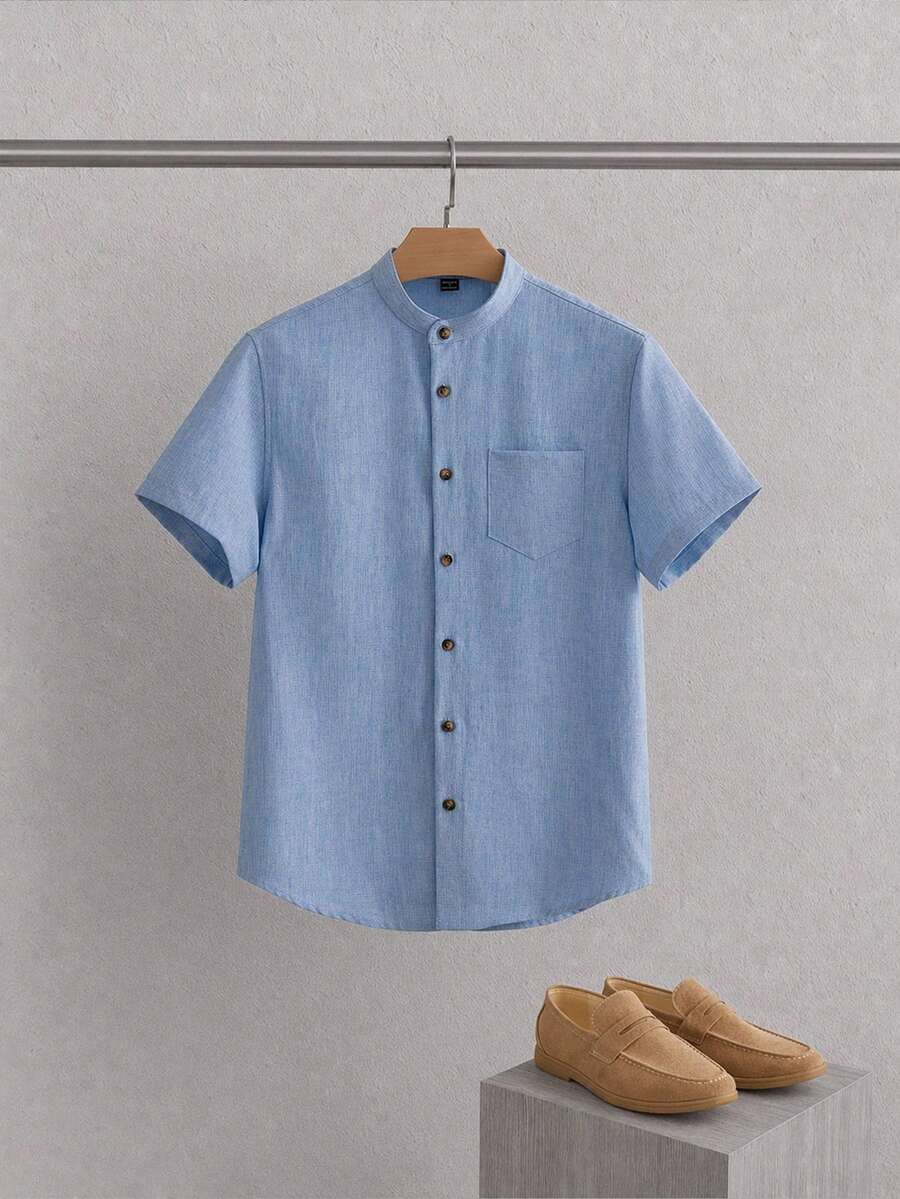 Manfinity VCAY Men's Solid Color Simple Woven Short Sleeve Blue Shirt, Vacation, Father's Day Gifts - Baby Blue - View 1