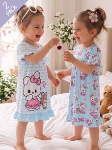 2-Piece Girls Toddler White Fairy Night Short Sleeve Nightgown Skirt Cartoon Rabbit & Bear Print Pajamas Ruffle Hem Soft Knit Sleepwear Homewear Set - Baby Blue - View 9