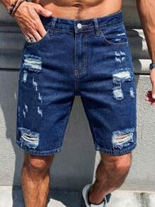 Manfinity Homme Men's Casual Ripped Straight Leg Blue Denim Shorts, Street Fashion For Spring/Summer - Dark Wash - View 8