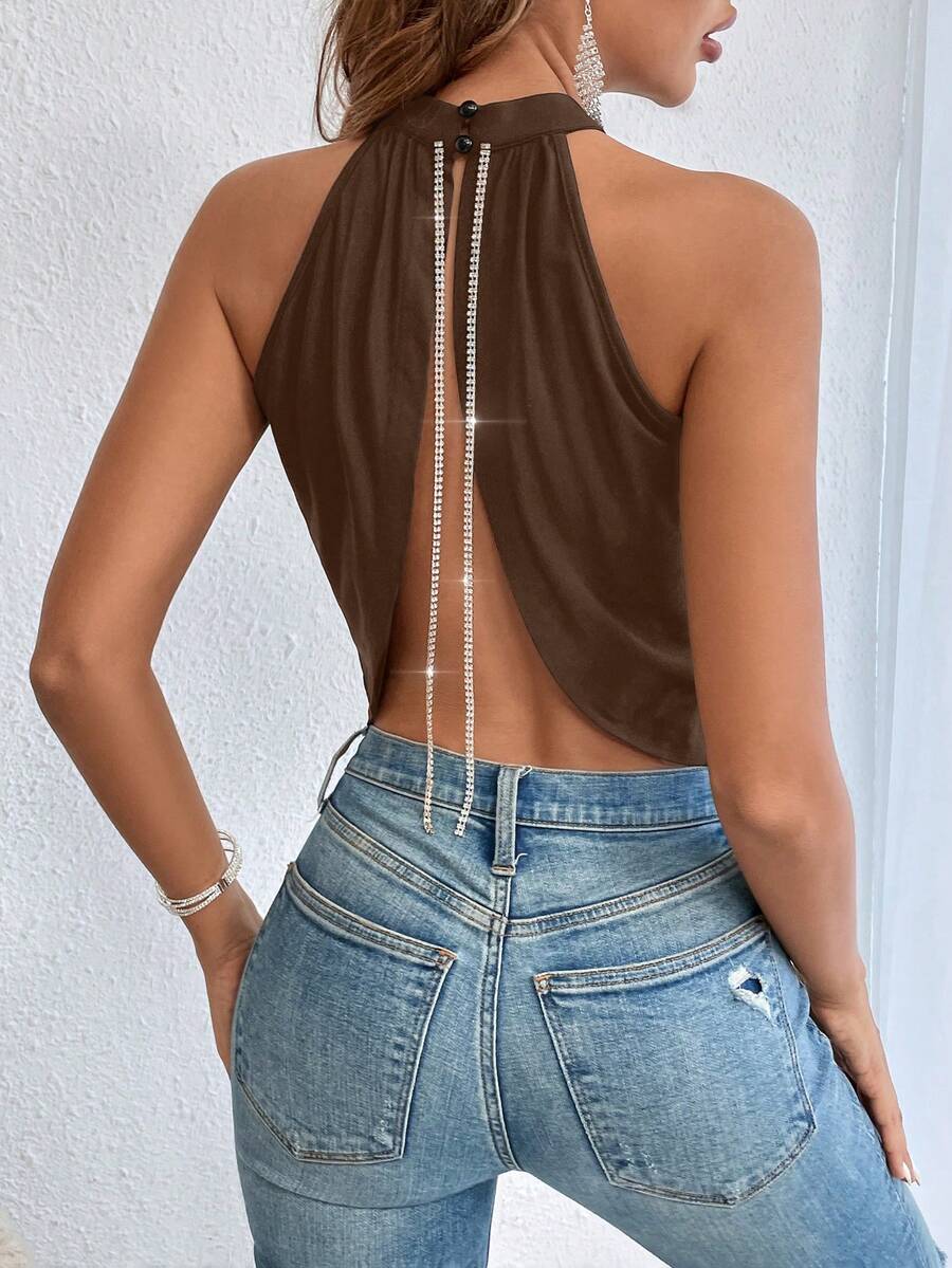 Glamine Summer Sexy Rhinestone Chain Decor Backless Halter Top Party Club Coffee Brown - Brown - View 1