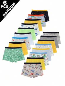 6 piezas surtido aleatorio de calzoncillos tipo bóxer cómodos con estampado de dinosaurio monstruo de dibujos animados lindos para niños - Multicolor - Ver 2
