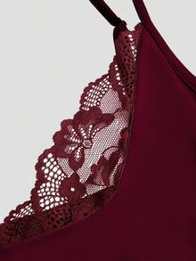 Sweetra Women's Lace Patchwork Pleated Elegant Waist-Cinching Party Midi Dress - Burgundy - View 3