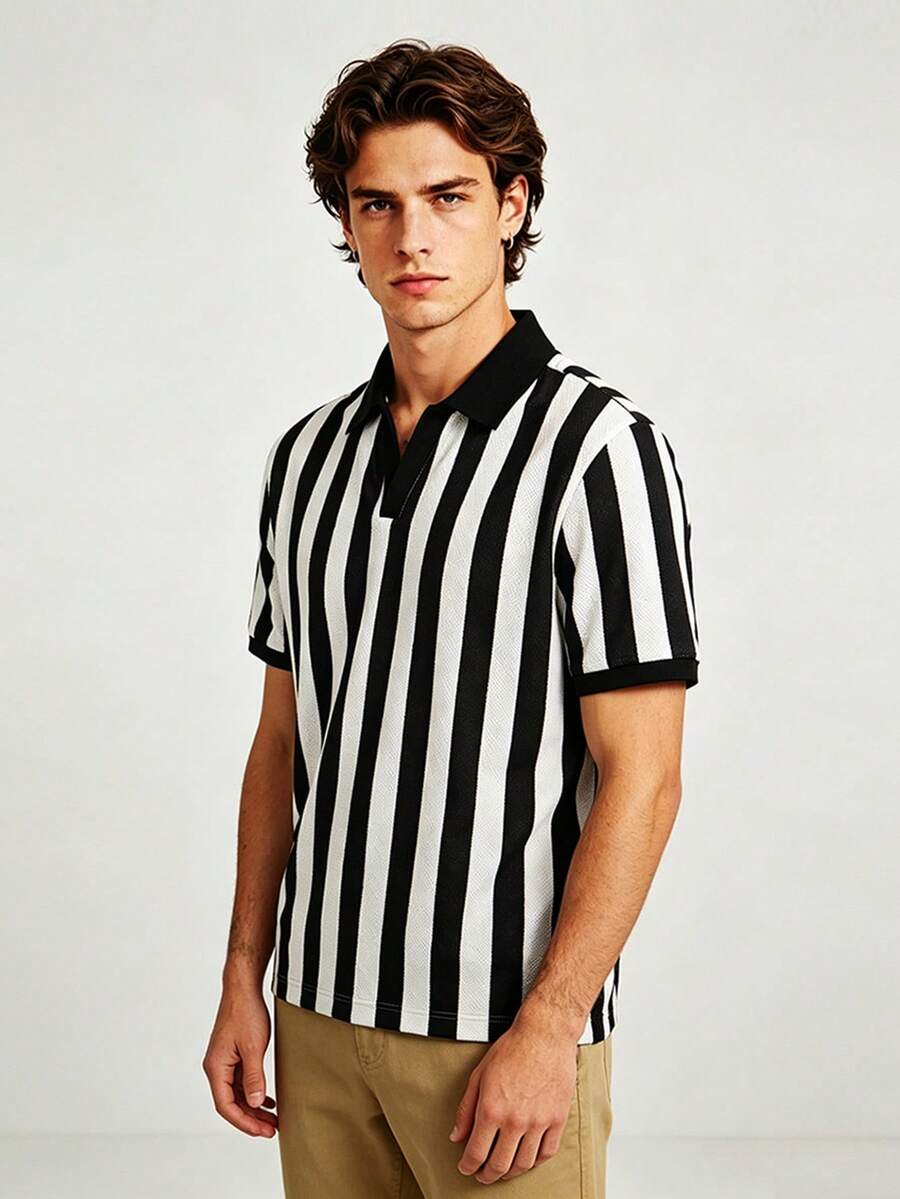 EGENSIO Men's Black And White Striped Short Sleeve Colorblock POLO Shirt - Black - View 1
