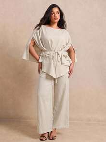 Juhart Plus Size Women's Casual Elegant Daily 2 Pieces Set With Top And Wide Leg Pants Autumn Dinner Cocktail Grey Brunch Party - Apricot - View 9