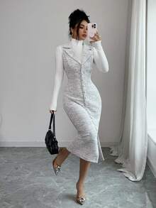 Selianne Standard Size Elegant Women's Tweed Deep V-Neck Sleeveless Lapel Collar Slim Fit Mature Commute Business Casual Semi-Formal Wedding Guest Company Annual Meeting Small Evening Party Elegant Date Afternoon Tea Best Friend Gathering Exhibition Visit Spring Autumn Daily Street Wear Light Travel New Dress - Multicolor - View 5