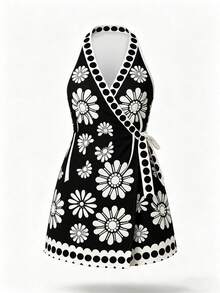 SHEIN Swim 女士夏季沙滩多巴胺花卉数码印花前开襟系带腰度假和服连衣裙 - 黑與白 - 查看 6