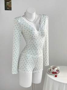 Elamini Sweet Bear Print Pleated Top And Lace Patchwork Shorts 2 Pieces Set - Multicolor - View 1