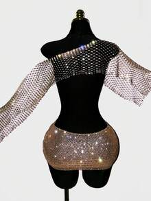 EgrlEra Women's 2 Pieces Party Club Set, Sexy Backless Sheer Glittery, Perfect For Music Festival Carnival Beige Summer - Champagne - View 8