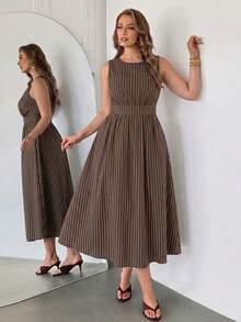 Auralis Brown Striped Plus Size Women's Round Neck Sleeveless Pocket Casual Dress - Multicolor - View 4
