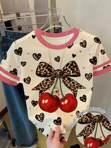少女對比滾邊櫻桃與蝴蝶結圖案休閒日常短袖T恤 - 彩色 - 查看 1