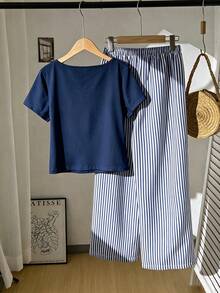 SHEIN Teen Girls 2pcs/Set Short Sleeve Round Neck Summer Casual T-Shirt & Striped Long Pants Set, Comfortable, Outfit, Daily, Fall, Back To School - Blue - View 2