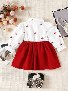 SHEIN Baby Girls' Collared Puff Sleeve 2 In 1 A-Line Dress Cherry Print Red Autumn Cute Family Matching Photoshoot Monthly Milestone Formal Sweet - Red - View 2