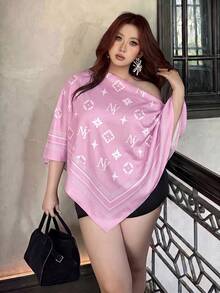 Vibekara Women's Plus Size 2026 Summer Casual Elegant Printed Asymmetric Collar Long Sleeve Asymmetric Hem Shirt Asymmetric Neck Slit Sleeve Loose Fashion Shirt Vintage Sunset Holiday Print Batwing Sleeve Top New Arrival, Versatile For Daily Commute, College, Outing, Vacation, Office, Dating - Multicolor - View 1