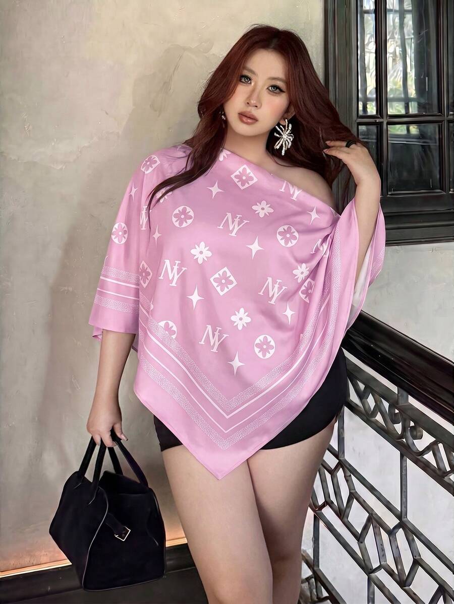 Vibekara Women's Plus Size 2026 Summer Casual Elegant Printed Asymmetric Collar Long Sleeve Asymmetric Hem Shirt Asymmetric Neck Slit Sleeve Loose Fashion Shirt Vintage Sunset Holiday Print Batwing Sleeve Top New Arrival, Versatile For Daily Commute, College, Outing, Vacation, Office, Dating - Multicolor - View 1