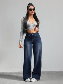 SHEIN Tall 休閒版直筒長褲 藍色女款寬鬆牛仔褲 高個女款低腰寬腿牛仔褲 秋季教師風格 - 深色水洗藍 - 查看 4