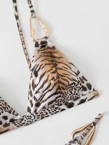 SHEIN Swim Animal Print Gold Trim Bra And Bikini Bottoms Set - Multicolor - View 3