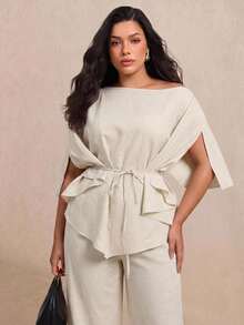 Juhart Plus Size Women's Casual Elegant Daily 2 Pieces Set With Top And Wide Leg Pants Autumn Dinner Cocktail Grey Brunch Party - Apricot - View 2