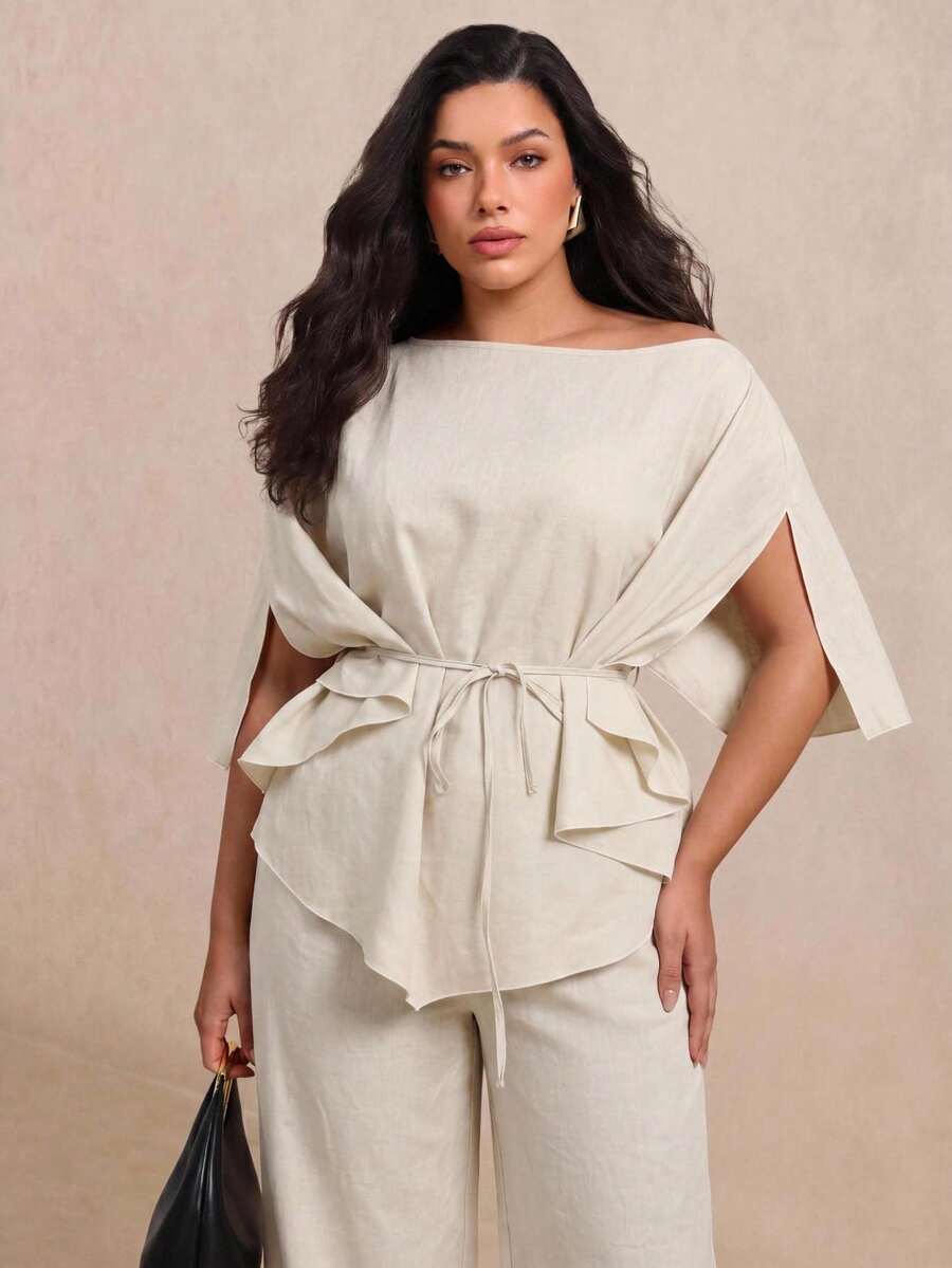 Juhart Plus Size Women's Casual Elegant Daily 2 Pieces Set With Top And Wide Leg Pants Autumn Dinner Cocktail Grey Brunch Party