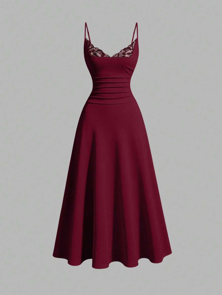 Sweetra Women's Lace Patchwork Pleated Elegant Waist-Cinching Party Midi Dress - Burgundy - View 1