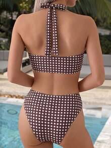 Swim Mod Springbreak 女款夏季海灘格子隨機印花交叉背綁帶上衣與拼接比基尼褲 2 件式泳衣 - 彩色 - 查看 2